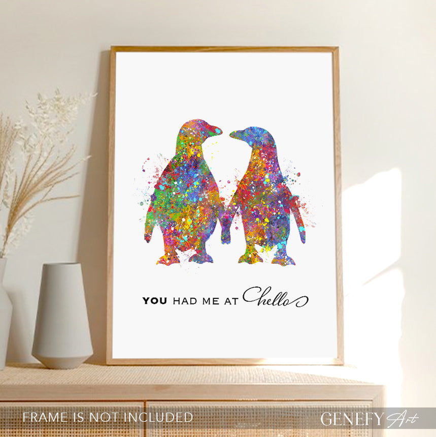 Penguin Love Quote &quot;You Had Me At Hello &quot; Watercolour Art Print