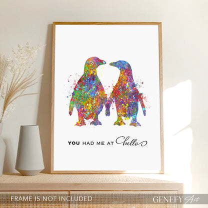 Penguin Love Quote &quot;You Had Me At Hello &quot; Watercolour Art Print