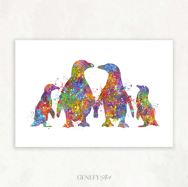 Penguin Family of 4 Watercolour Print