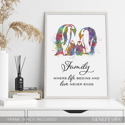 Penguin Family Of 4 Quote Watercolour Art