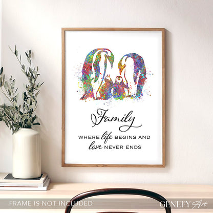 Penguin Family Of 4 Quote Watercolour Art