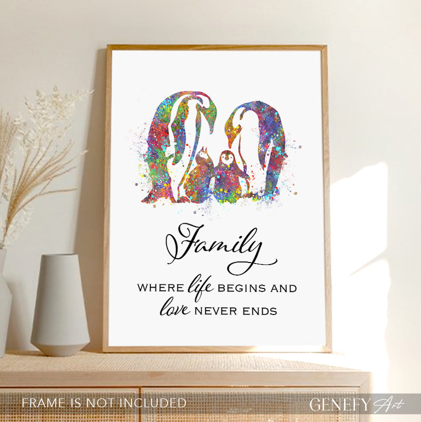 Penguin Family Quote Watercolor Art