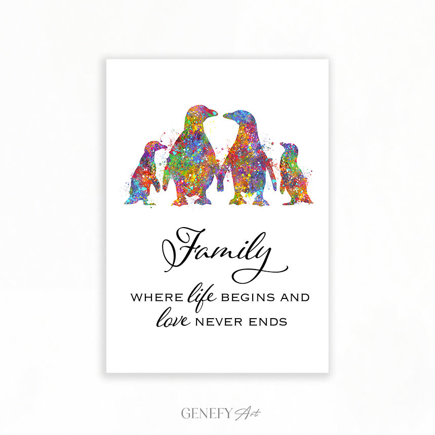 Penguin Family Of 4 Quote Watercolour Art