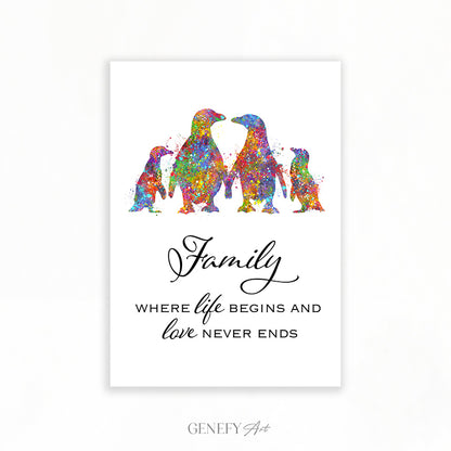 Penguin Family Of 4 Quote Watercolour Art