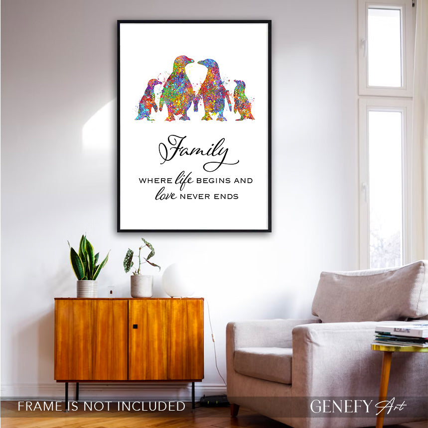 Penguin Family Of 4 Quote Watercolour Art