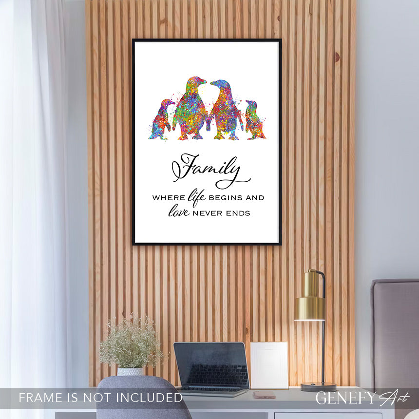Penguin Family Of 4 Quote Watercolour Art