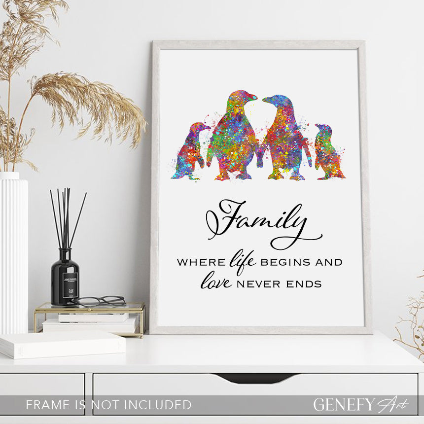 Penguin Family Of 4 Quote Watercolour Art