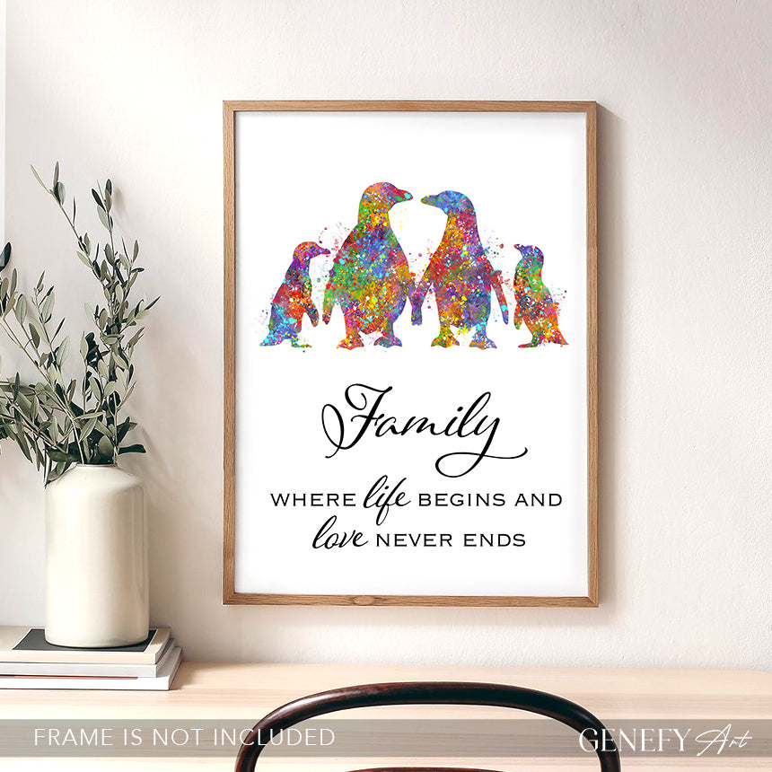 Penguin Family Of 4 Quote Watercolour Art