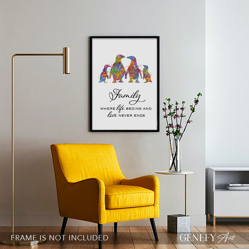 Penguin Family Of 4 Quote Watercolour Art