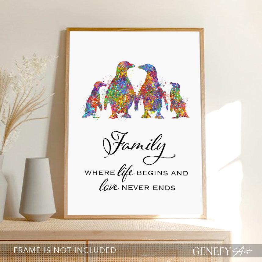 Penguin Family Of 4 Quote Watercolour Art