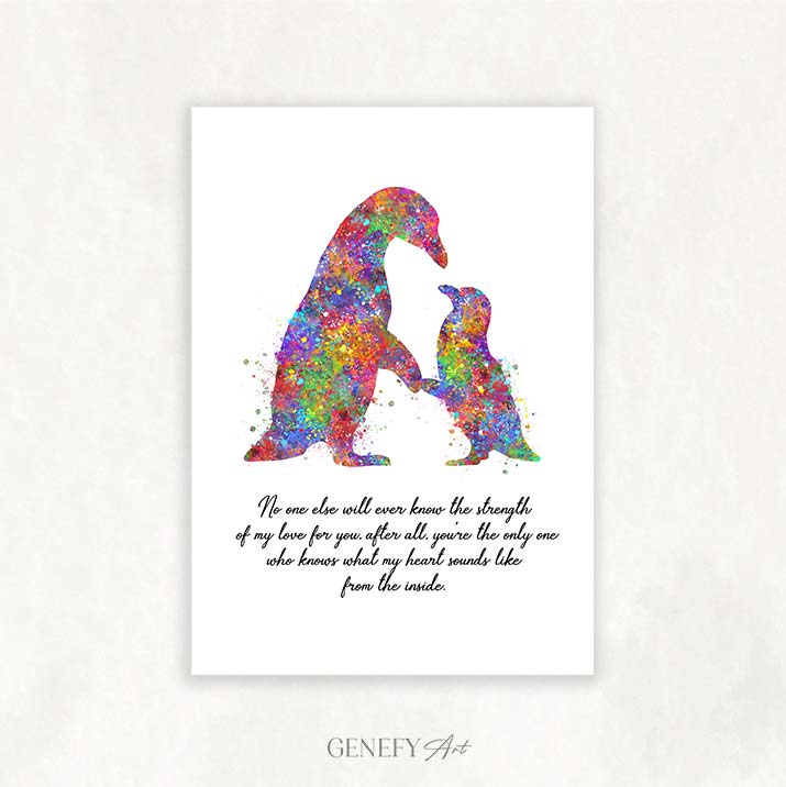 Penguin Mother and Baby Quote Watercolour Art