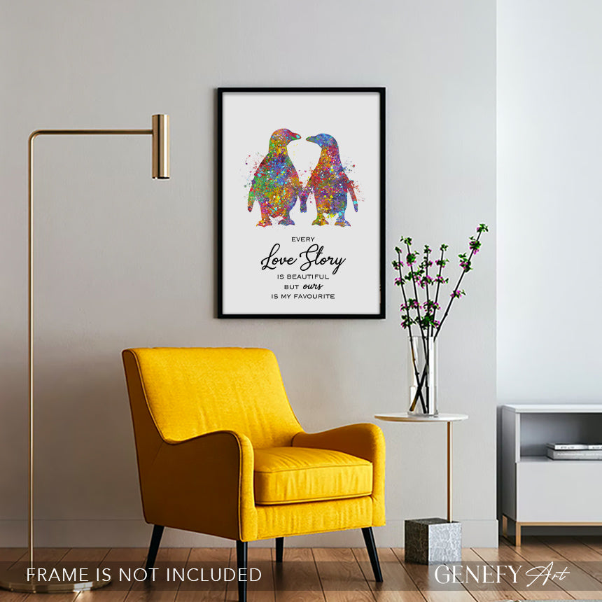 Penguin Couple Watercolour Art Print - "Every Love Story Is Beautiful But Ours Is My Favourite"