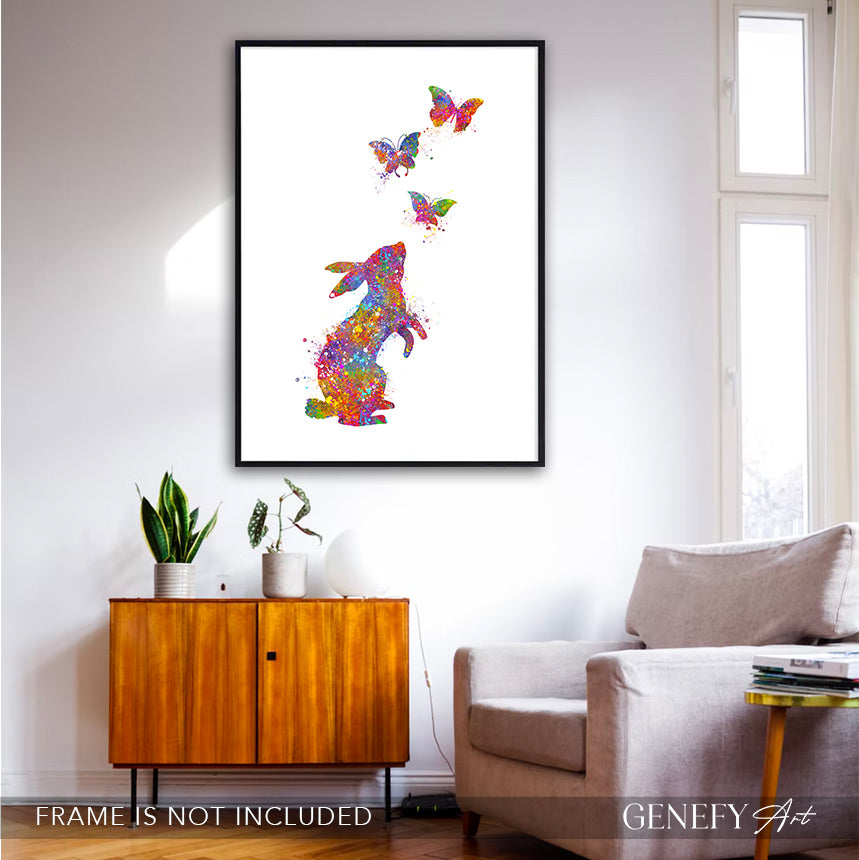 Rabbit and Butterflies Watercolour Print