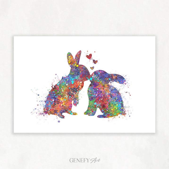 Rabbit Couple Kissing Watercolour Print