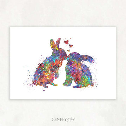 Rabbit Couple Kissing Watercolour Print