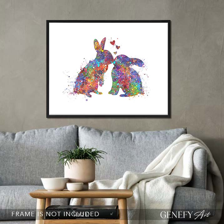 Rabbit Couple Kissing Watercolour Print