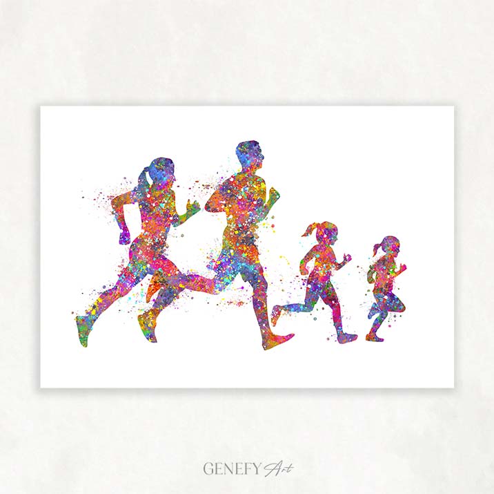Family of 4 Running Watercolour Print