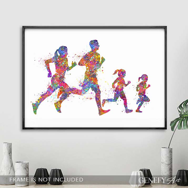 Family of 4 Running Watercolour Print
