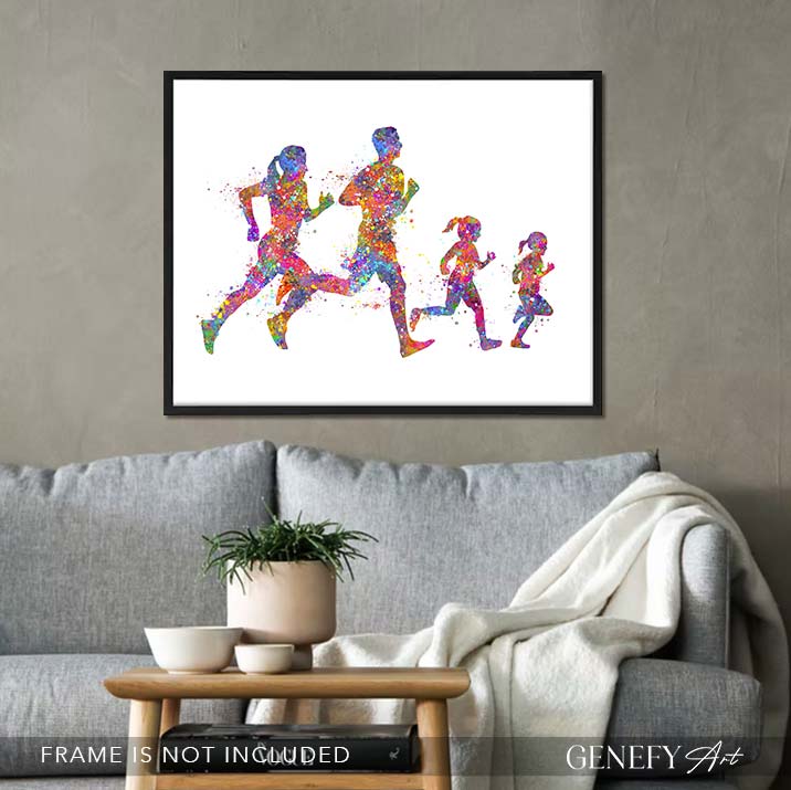Family of 4 Running Watercolour Print