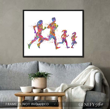 Family of 4 Running Watercolour Print
