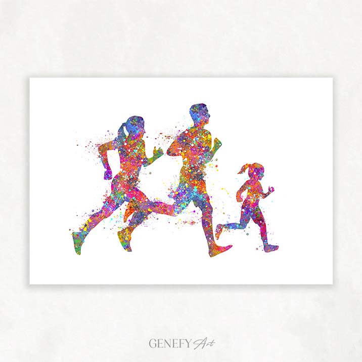Family of 3 Running Watercolour Print