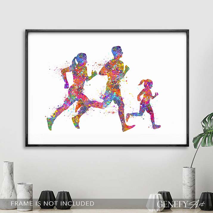 Family of 3 Running Watercolour Print