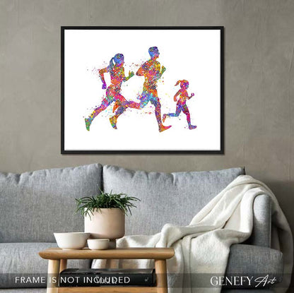 Family of 3 Running Watercolour Print
