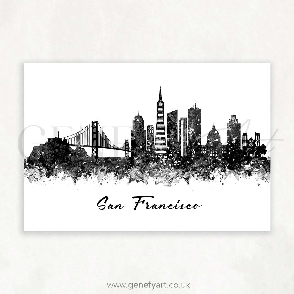 San Francisco Skyline Black and White Watercolour Print - Genefy Art