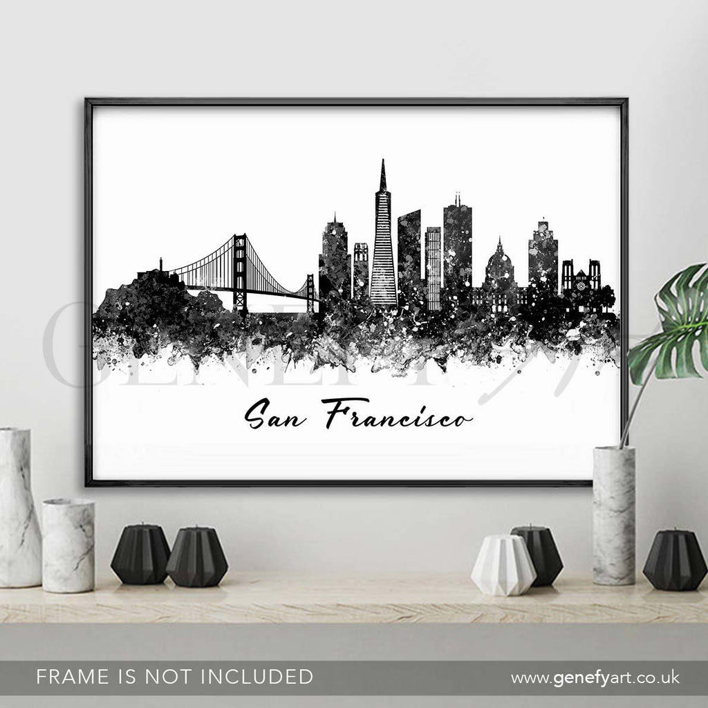 San Francisco Skyline Black and White Watercolour Print - Genefy Art