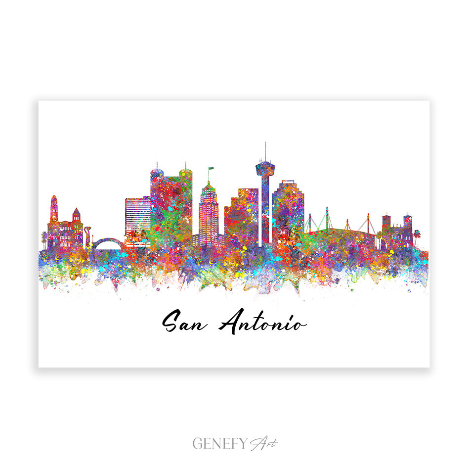 San Antonio Skyline Watercolour Print - Genefy Art