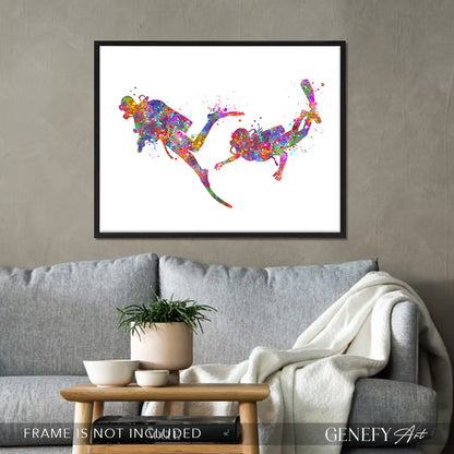Scuba Diving Couple Watercolour Art Print