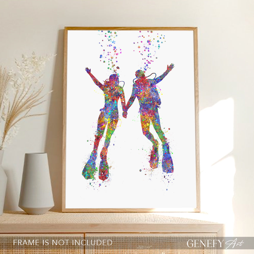Scuba Diving Couple Watercolour Art Print