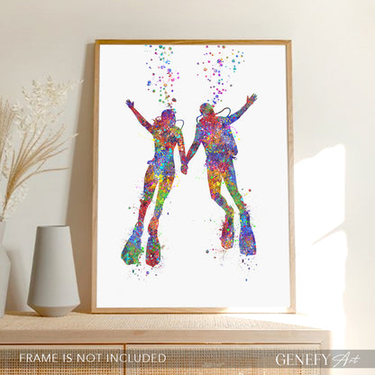 Scuba Diving Couple Watercolour Art Print