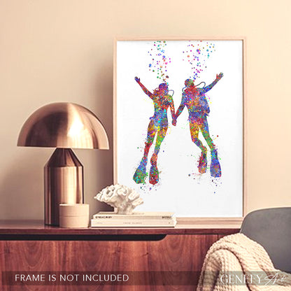 Scuba Diving Couple Watercolour Art Print