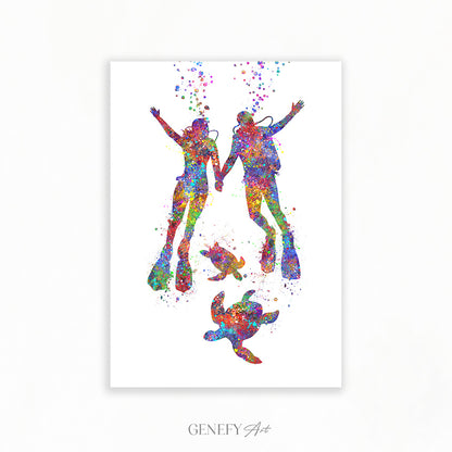 Scuba Diving Couple With Sea Turtles Art Print