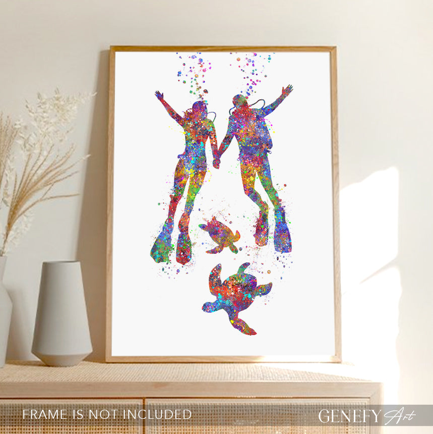 Scuba Diving Couple With Sea Turtles Art Print