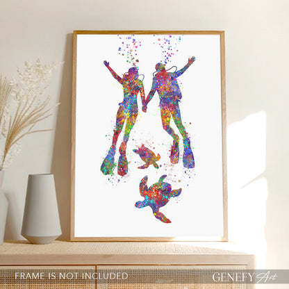 Scuba Diving Couple With Sea Turtles Art Print