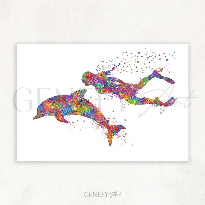 Dolphin and Girl Watercolour Print