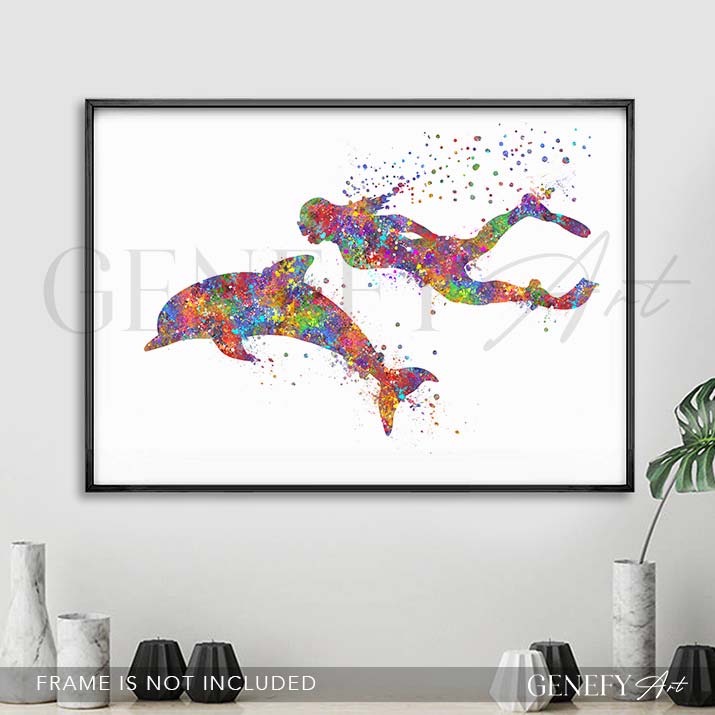 Dolphin and Girl Watercolour Print
