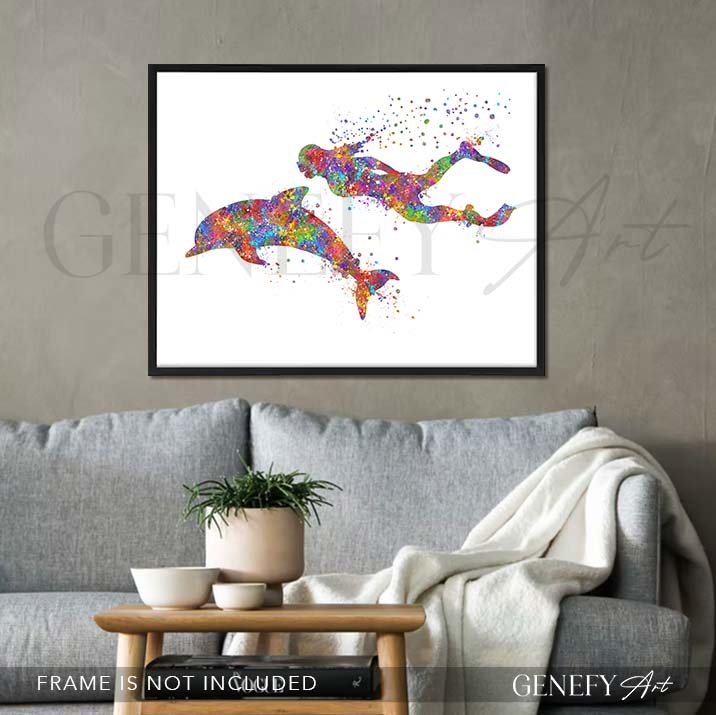 Dolphin and Girl Watercolour Print