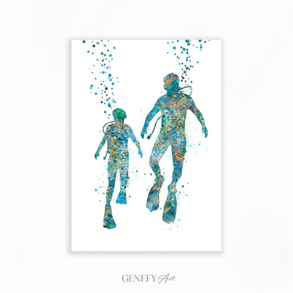 Father and Son Scuba Diving Art Print