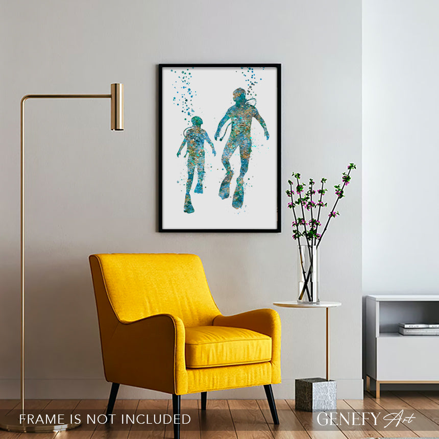Father and Son Scuba Diving Art Print