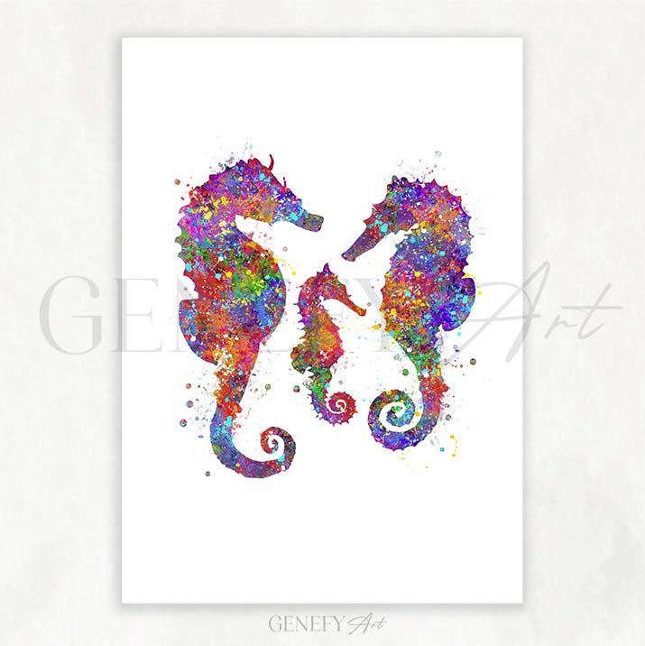 Seahorse Family of 3 Watercolour Print