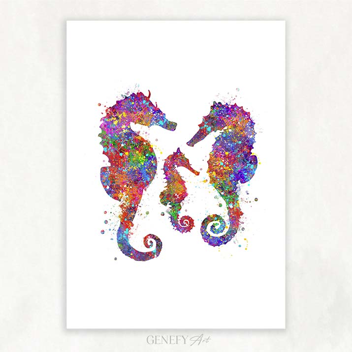 Seahorse Family of 3 Watercolour Print
