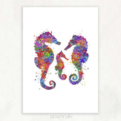 Seahorse Family of 3 Watercolour Print