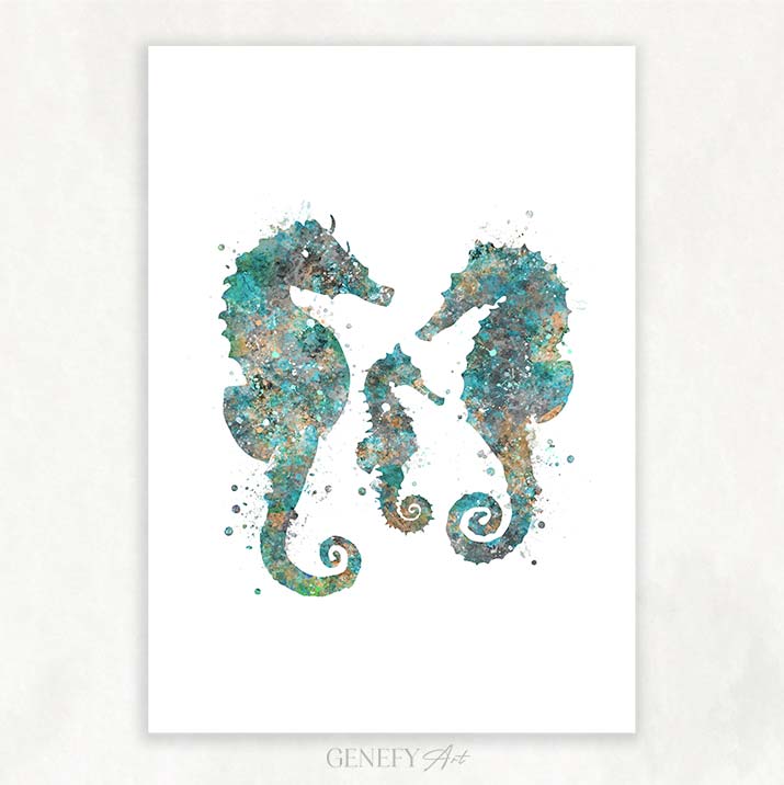 Seahorse Family of 3 Teal Watercolour Print