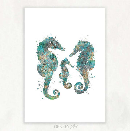 Seahorse Family of 3 Teal Watercolour Print