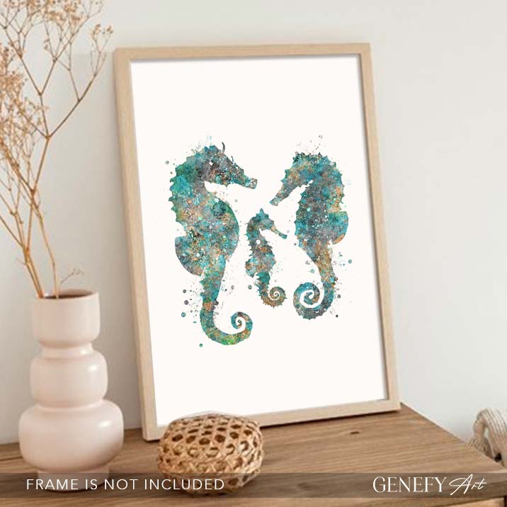 Seahorse Family of 3 Teal Watercolour Print