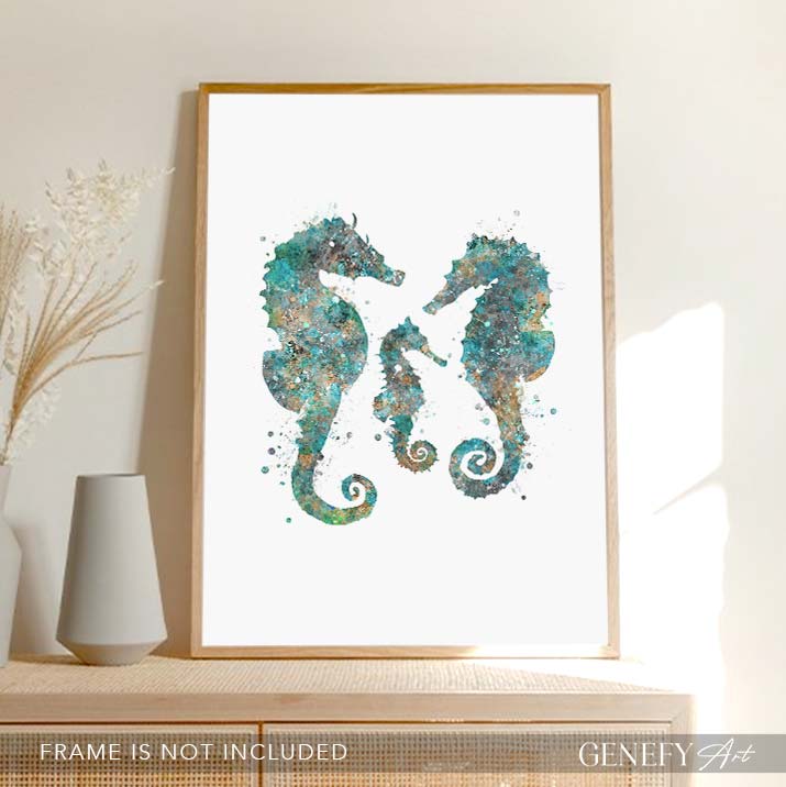 Seahorse Family of 3 Teal Watercolour Print