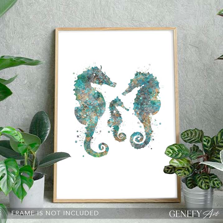 Seahorse Family of 3 Teal Watercolour Print